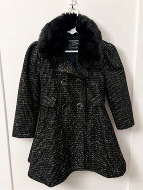 Rothschild Girls Size 5 Black Metallic Tweed Faux Fur Dress Coat Gold Silver